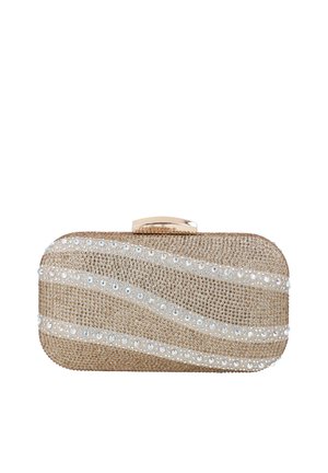 Kleine rechteckige goldfarbene Clutch, bedeckt mit goldenen Perlen und weißen Pailletten in diagonalen Wellenmustern, mit einem goldenen Verschluss oben.