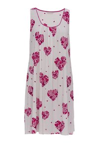 Weißes ärmelloses Kleid mit einem rosa Herzmuster, weichem Stoff, Rundhalsausschnitt mit kontrastierenden Besätzen und Faltenelementen.