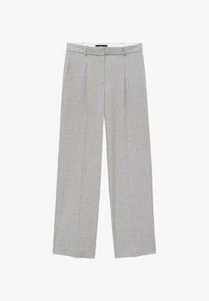 Lichtgrijze wijde broek met een krijtstreep patroon, voorzien van diepe plooien aan de voorkant, schuine zijzakken en een tailleband met riemlussen.