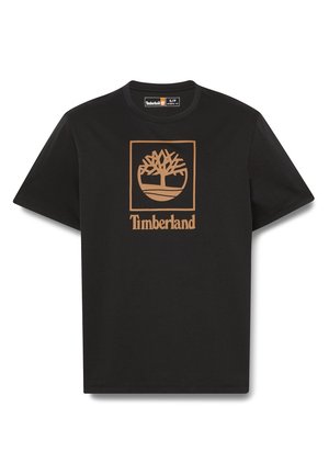 Maglietta nera a maniche corte con scollo tondo e grande logo dell'albero Timberland color marrone con il nome del marchio al centro sul davanti.