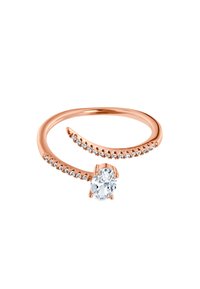 Rosenvergoldeter Ring mit einem geschwungenen Band, verziert mit kleinen klaren Steinen entlang der Oberseite und einem auffälligen ovalen Mittelstein.