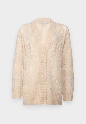 Beige knitted cardigan with a V-neck, textured cable pattern, button front closure, and long sleeves. Soft material and loose fit.
