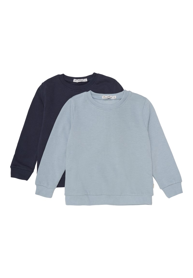 Två långärmade sweatshirts: en i marinblå och en i ljusblå. Båda har ribbade ärmslut och rundad halsringning, tillverkade av mjukt tyg.