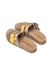 Brown and yellow suede sandals with a wide strap, buckle closure, and cork sole. Textured footbed and "okokoko" branding on insole.