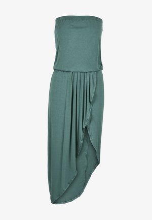 Teal strapless dress made of soft fabric, featuring a gathered bodice and asymmetrical hem with draped detail, smooth texture.