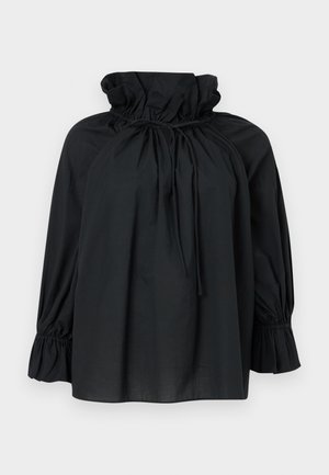 Schwarze langärmlige Bluse mit gerafftem, hohem Rüschenkragen, Kordelzug am Hals und elastischen Rüschenmanschetten.