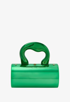 Grøn akryl håndtaske med et rundt håndtag, rektangulær krop, glat finish og en lille guld spænde detalje fortil.