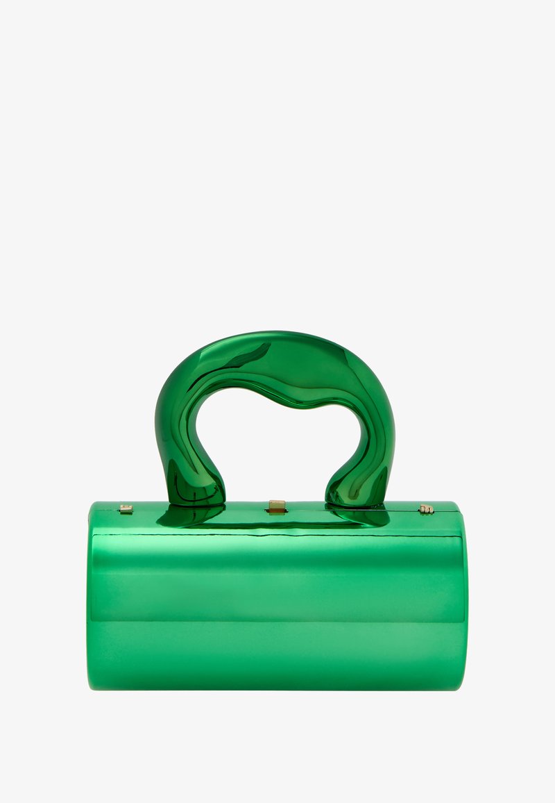 Zöld akril kézitáska lekerekített fogantyúval, téglalap alakú testtel, fényes felülettel és egy kis arany csattal az elején.