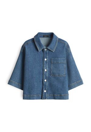 Short-sleeve denim jacket in medium blue, featuring a button front, classic collar, chest pocket, and contrasting stitching. Structured shape.