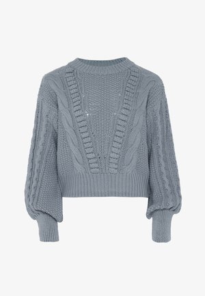 Szürke kötött pulóver széles bordás nyakkivágással, ballon ujjakkal és bonyolult fonott mintákkal. Texturált, cropped kivitel.