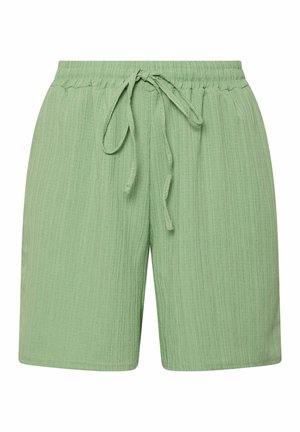 Lysegrønne teksturerede stofshorts med elastisk talje og central justerbar snor bundet i en sløjfe.