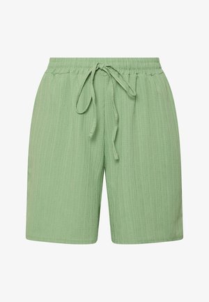 Hellgrüne Shorts aus strukturiertem Stoff mit elastischem Bund und zentralem verstellbarem Kordelzug, der zu einer Schleife gebunden ist.