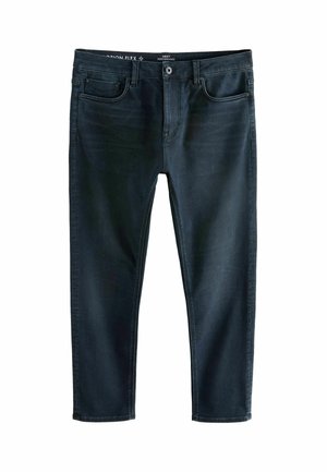 Temno modri denim hlače ožjega kroja, ki imajo klasičen pet-žepni dizajn in kovinsko zaponko. Mehka tekstura z rahlo elastičnostjo.