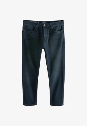 Dunkelblaue Denim-Jeans im Slim-Fit, mit klassischem Fünf-Taschen-Design und einem Metallknopfverschluss. Weiche Textur mit leichtem Stretch.