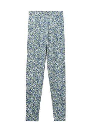 Pantalon slim avec un motif floral complexe bleu et vert sur fond blanc, doté d'une taille élastique.