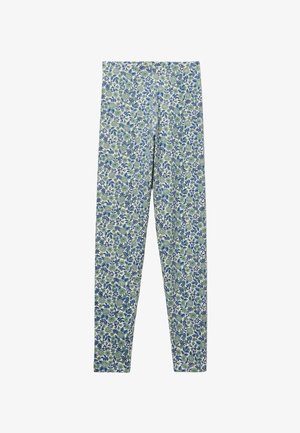 Pantalon slim avec un motif floral complexe bleu et vert sur fond blanc, doté d'une taille élastique.
