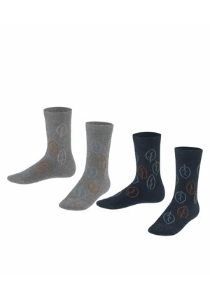 Calcetines de algodón en gris y azul oscuro con patrones coloridos de hojas. De longitud media hasta la pantorrilla con parte superior acanalada para mayor textura y ajuste.