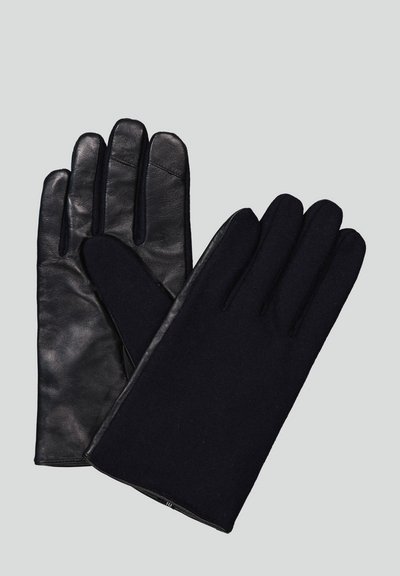 Guanti neri con esterno in pelle e fodera in tessuto, dal design elegante e con cinque scomparti per le dita. Texture liscia, stile minimalista.