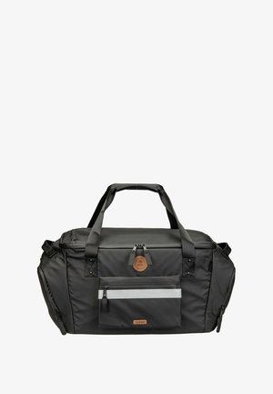 Sac de voyage noir avec double poignée, poche avant zippée dotée d'une bande réfléchissante, compartiments latéraux zippés, et écussons de marque marron.