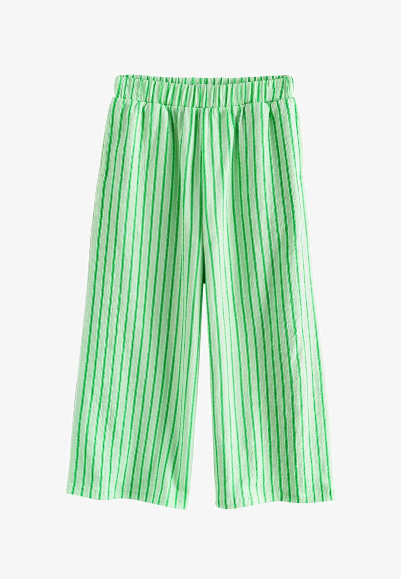 Pantalon à jambes larges avec des rayures verticales vertes et une ceinture élastique, fabriqué en tissu léger texturé.