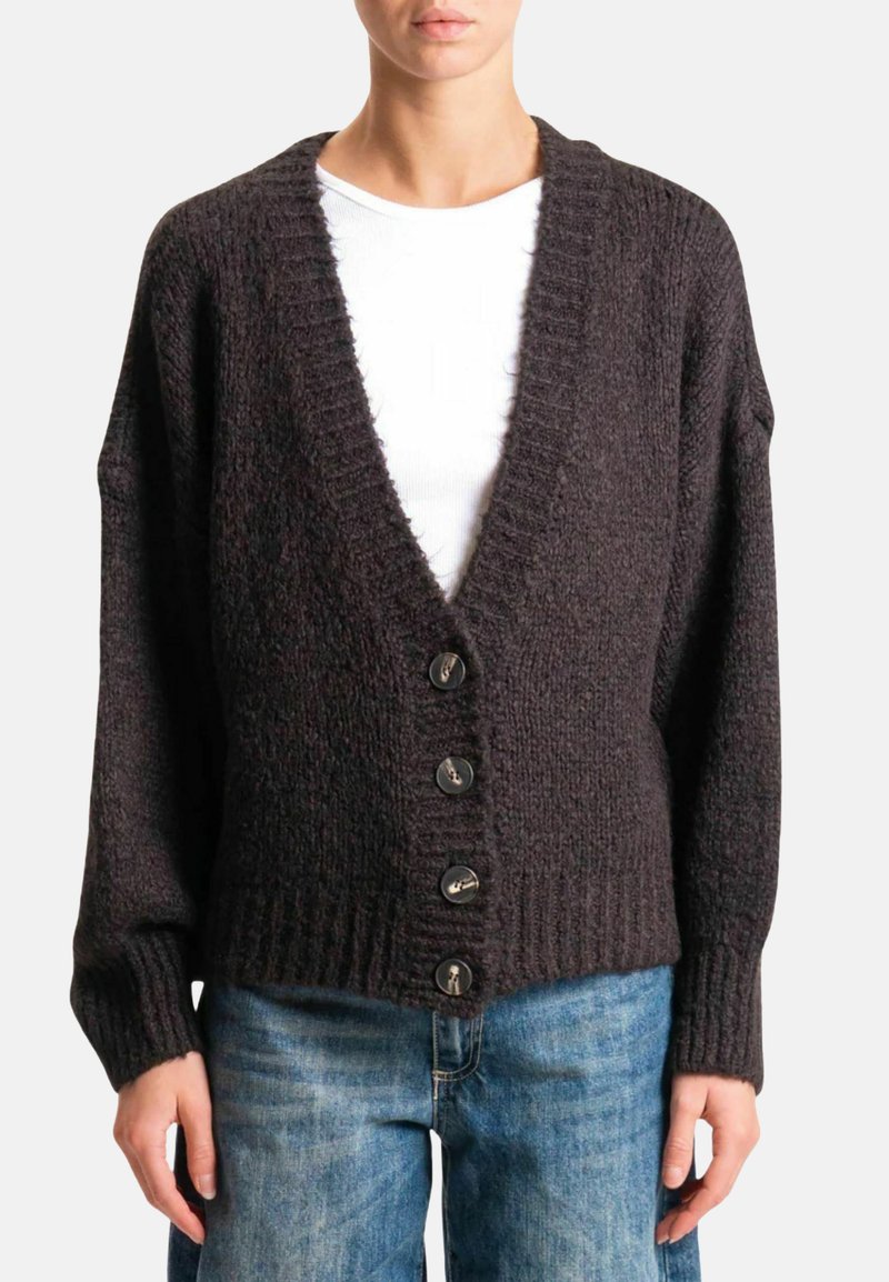 Cardigan lavorato a maglia scuro con scollo a V, vestibilità oversize e cinque bottoni neri sul davanti. Orlo a coste e finitura in tessuto testurizzato.