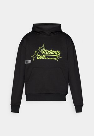 Black sweatshirt with a hood, featuring bright yellow text "Students Golf Performance Art" and "sparkle" accents. Includes a front pocket.