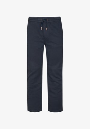 Marineblaue, leichte Baumwollhose mit Kordelzugbund und kupferfarbenen Akzenten an den Kordelenden. Verfügt über gerade Beine und keine sichtbaren Muster.