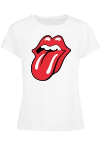 White cotton t-shirt featuring a large red tongue and lips graphic. The design includes black outlines and white highlights for detail.