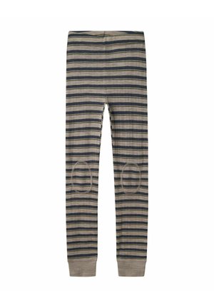 Stribede bukser lavet af blødt stof, med horisontale linjer i beige og marineblå, rund knæpatcher og ribbede manchetter.