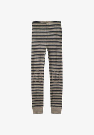 Striped trousers made of soft fabric, featuring horizontal lines in beige and navy, with round knee patches and ribbed cuffs.