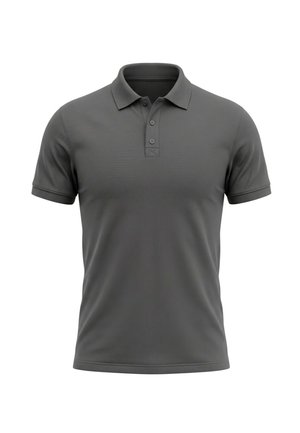 Donkergrijze korte mouw polo met kraag en drie knopen op de voorkant, weergegeven op een witte achtergrond.