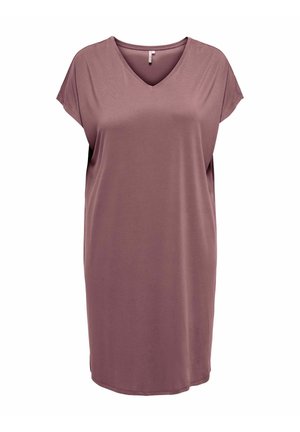 Vestido de manga corta con escote en V en una suave tela malva. Corte relajado con una textura lisa y dobladillo redondeado. Diseño casual.