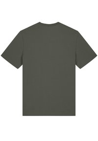 Olijfgroen T-shirt, gemaakt van zachte stof, korte mouwen, ronde hals, eenvoudig ontwerp, geen zichtbare branding of patronen aan de achterkant.