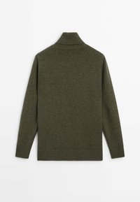 Dark green long-sleeve turtleneck sweater, ribbed collar and cuffs, flat on white background, back view.