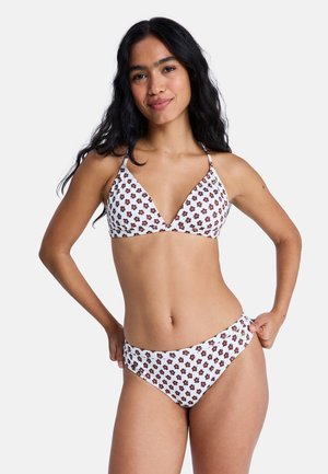Weißes Bikini mit braunem Blumenmuster; Triangel-Bügel und mittelhoher Unterteil-Design mit verstellbaren Trägern und weichem Stoffgefühl.