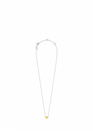 Delicate silver chain necklace with a small round yellow pendant and a lobster clasp closure.