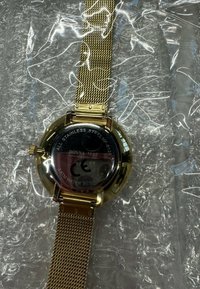 Gouden roestvrijstalen horloge met mesh band, ronde kast en waterbestendige kenmerken. Achterzijde bevat merknaam en extra specificaties.