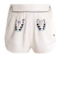 Shorts blancs texturés avec une taille élastique, ornés de broderies géométriques colorées sur le devant et de poches latérales.