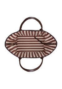 Borsa a tracolla in pelle marrone con un interno in tela a righe, caratterizzato da linee beige e marrone scuro. Include una tasca interna con zip e due manici.