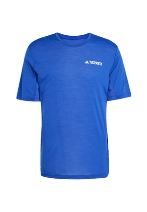 T-shirt Terrex bleu à manches courtes fabriqué en tissu léger, avec un col rond, des panneaux latéraux en maille et un petit logo sur la poitrine.