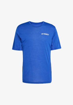 Blue short-sleeve Terrex t-shirt made of lightweight fabric, featuring a circular neck, mesh side panels, and a small logo on the chest.