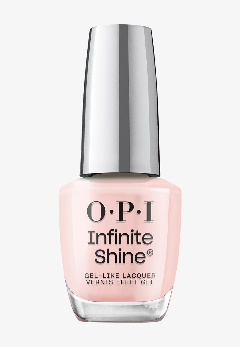 Lacca in gel dal finish lucido O.P.I. Infinite Shine in rosa chiaro, con un elegante tappo argento e bottiglia in vetro trasparente. L'etichetta include dettagli sul prodotto e il logo.