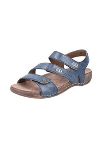 Blue leather sandal featuring two crisscross straps, adjustable buckle, and a brown footbed with stitching detail, open toe design.