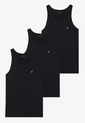 Schwarze Baumwoll-Trägertops mit rundem Halsausschnitt und einem kleinen goldenen Logo auf der linken Brust. Drei Stück im Set enthalten.