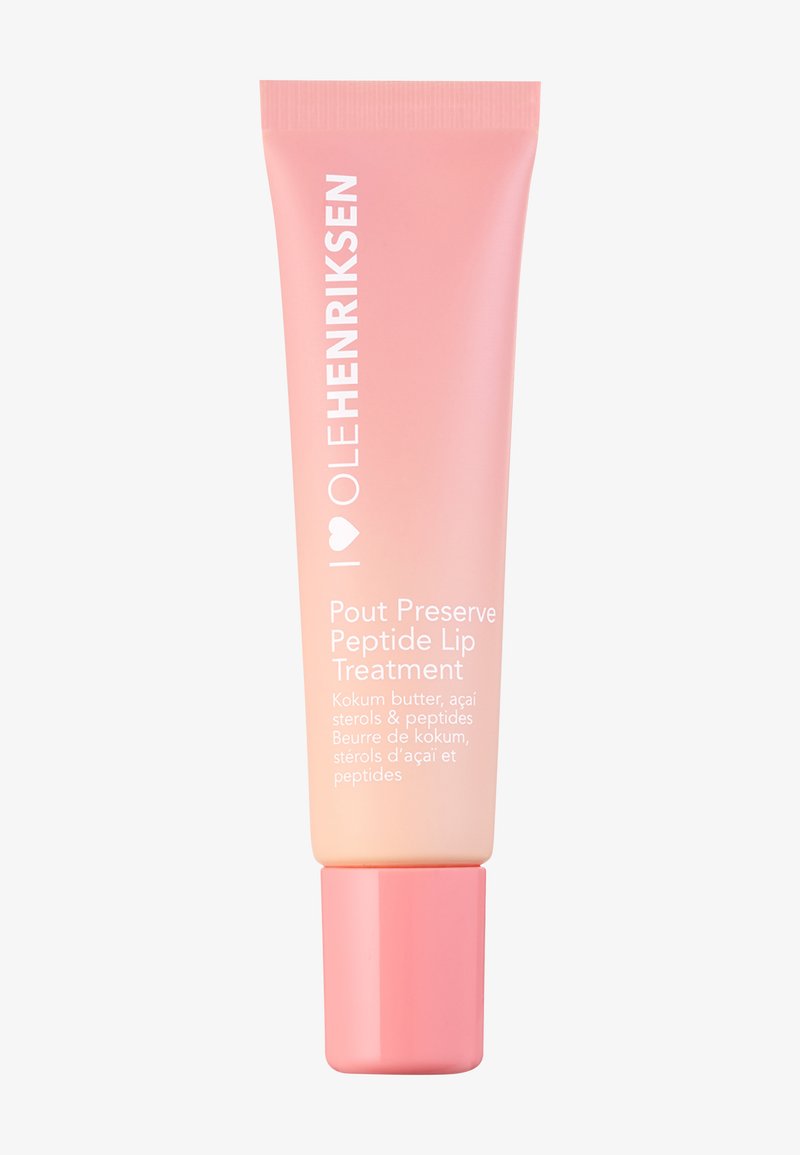 Brzoskwiniowa gradientowa tuba Ole Henriksen Pout Preserve Peptide Lip Treatment z różową nakrętką, z białym tekstem z przodu.