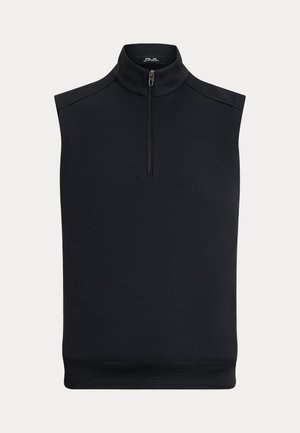 Fekete ujjatlan, magas nyakú mellény elöl félig cipzárral és kis márkajelzéssel a gallér belsejében.