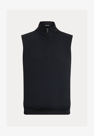 Fekete ujjatlan, magas nyakú mellény elöl félig cipzárral és kis márkajelzéssel a gallér belsejében.