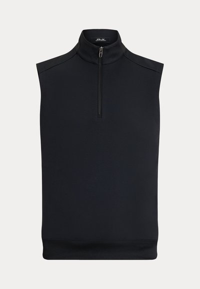 Μαύρο αμάνικο γιλέκο με ψεύτικο λαιμό και μπροστινό μισό φερμουάρ, με μικρή ετικέτα της μάρκας στο εσωτερικό του γιακά.