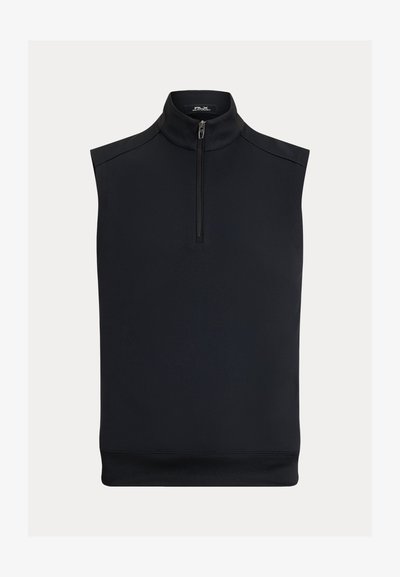 Μαύρο αμάνικο γιλέκο με ψεύτικο λαιμό και μπροστινό μισό φερμουάρ, με μικρή ετικέτα της μάρκας στο εσωτερικό του γιακά.