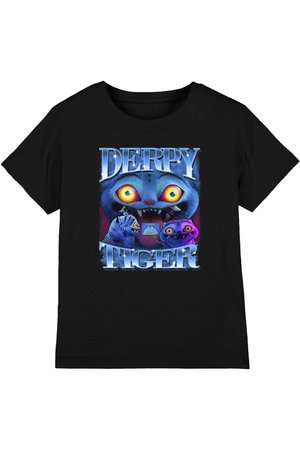 Black T-shirt with colorful cartoon tiger faces with large yellow eyes and sharp teeth, text reading "DERPY TIGER" above and below.